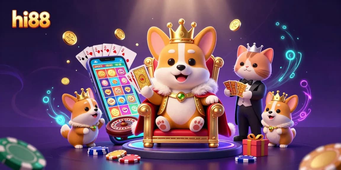 Spin to win with hi88 as the royal corgi reigns over casino treasures in an enchanting 3D scene.