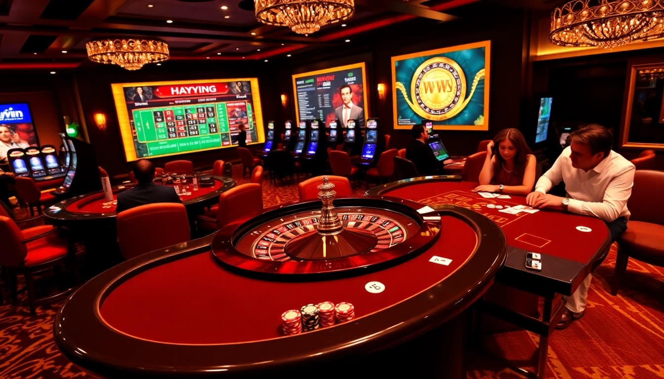 Players enjoying a thrilling gaming experience at Haywin casino, featuring poker chips and cards.