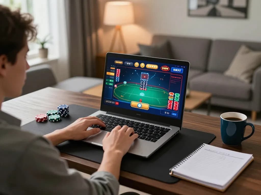 33winn player engaging with online poker game at home, showcasing strategic decision-making in a comfortable setting