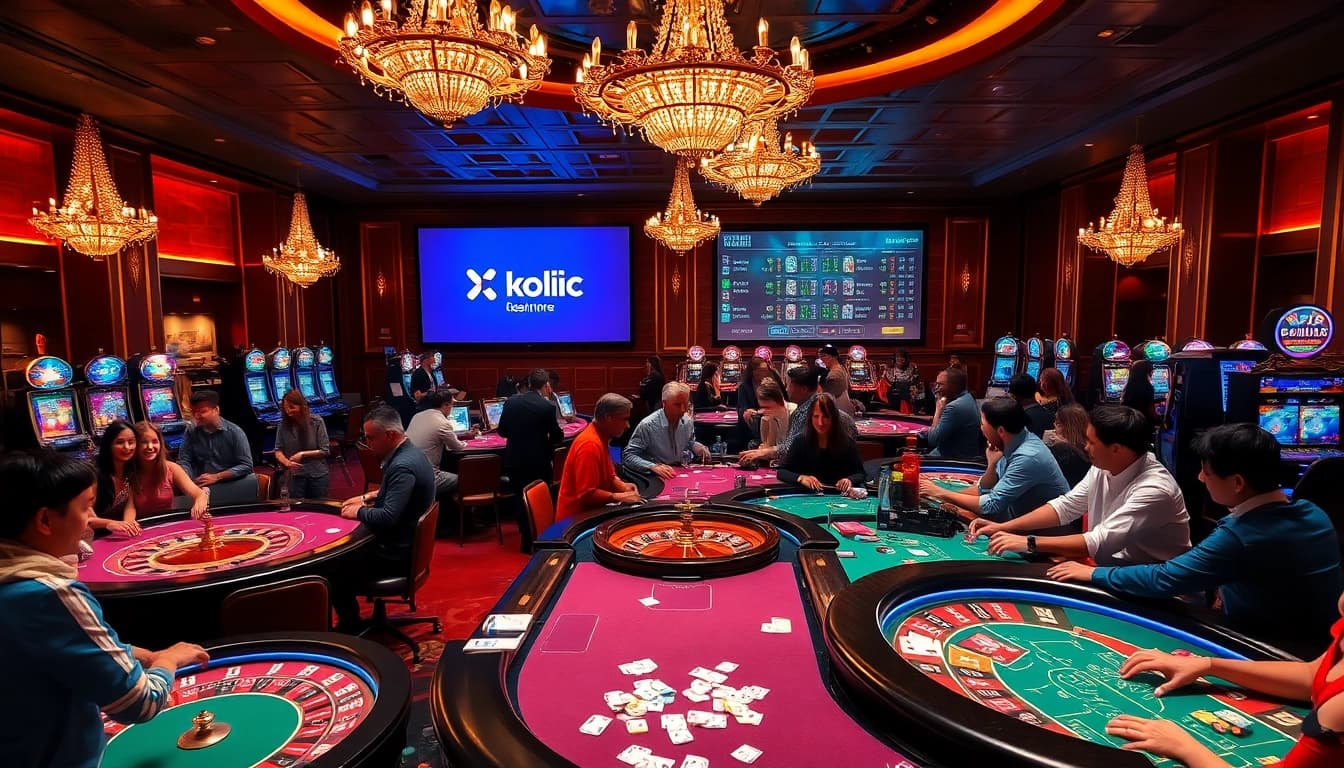 Xoilac players engaging in various casino games under luxurious lighting, showcasing excitement and high stakes.