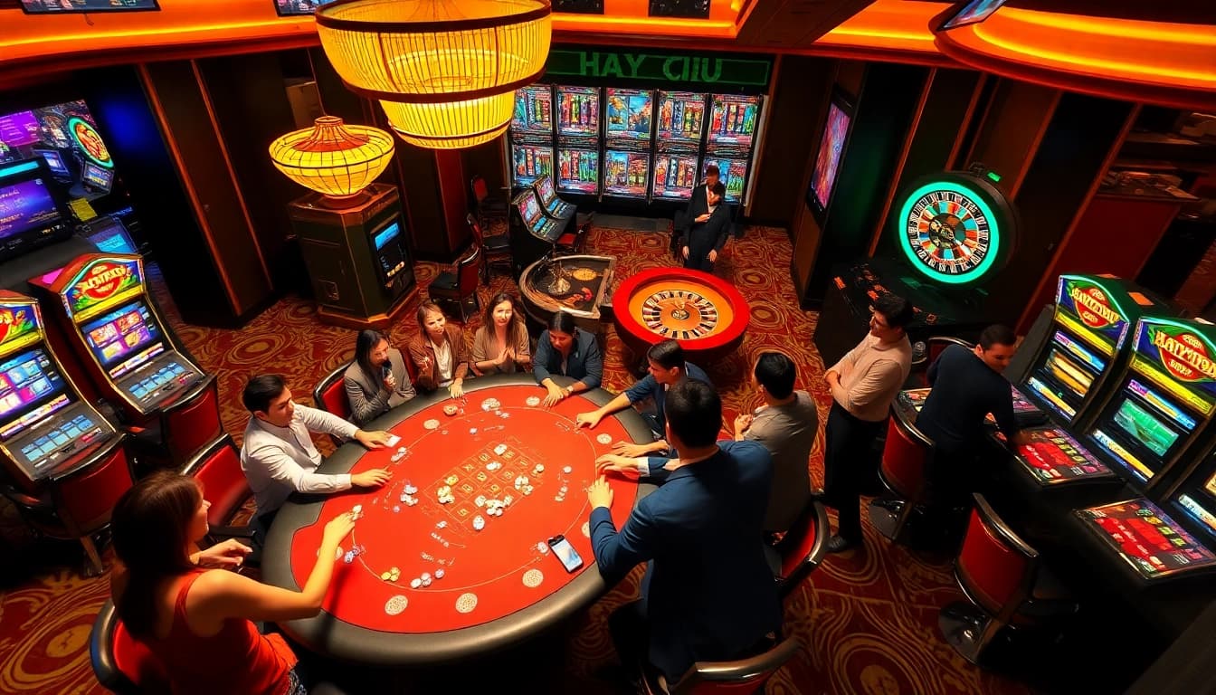 Players enjoying an exciting Tài Xỉu game at Haywin casino with vibrant lights and winning moments.