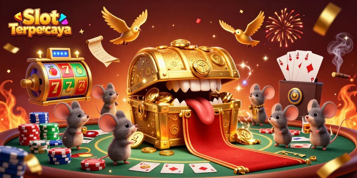 Engage with Slot Terpercaya adventures, featuring vibrant slot reels and alluring treasure chest illustrations.