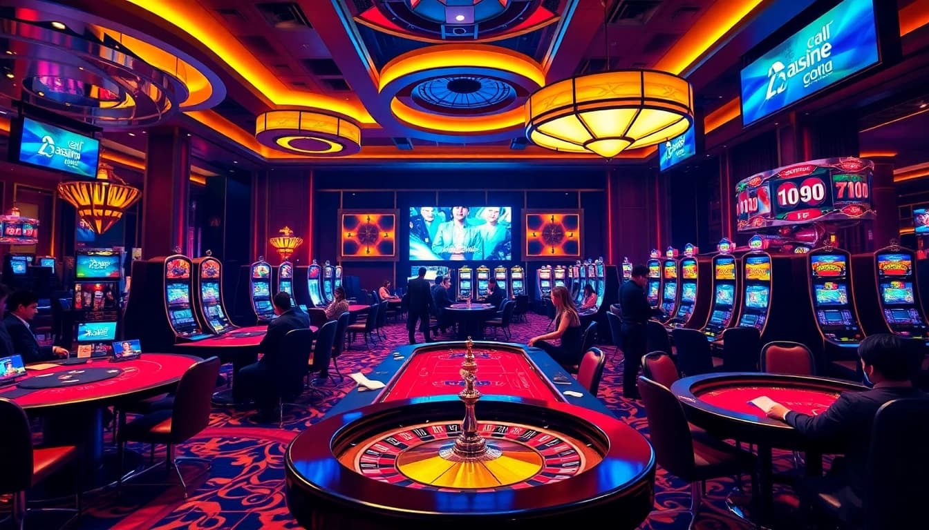 A thrilling game scene at alo789 featuring poker tables and roulette wheels surrounded by excited players.