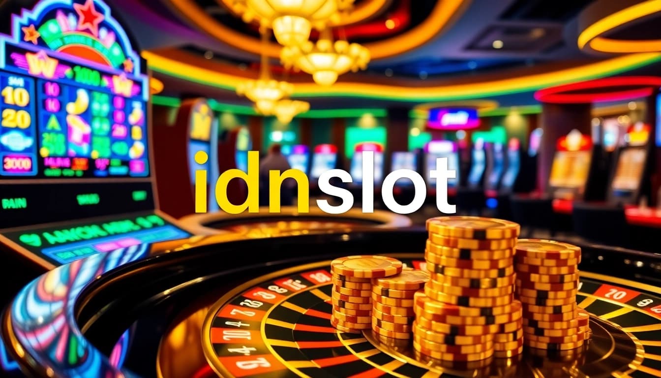 Play exciting games at idnslot with vibrant slot machines and poker chips in a luxurious casino setting.