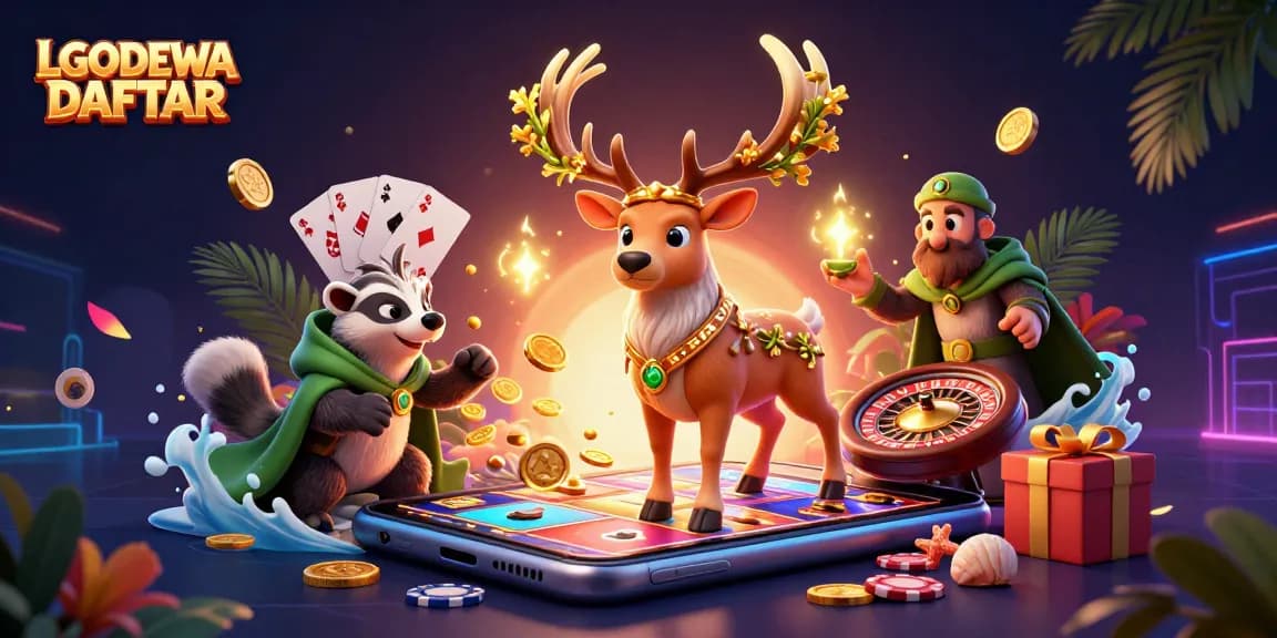 Engage with LGODEWA DAFTAR in an exciting gaming scene featuring a mystical druid and vibrant slot game elements.