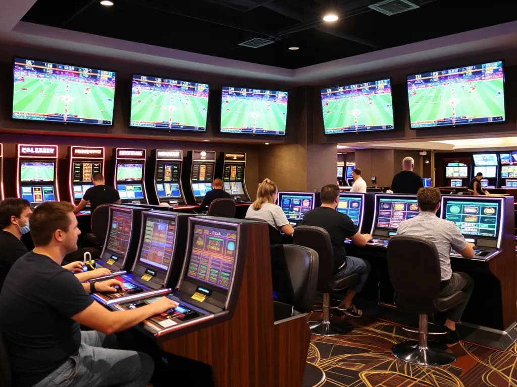 Engaged sports gamblers analyzing odds at a lively sports betting area, kèo nhà cái prominently displayed.