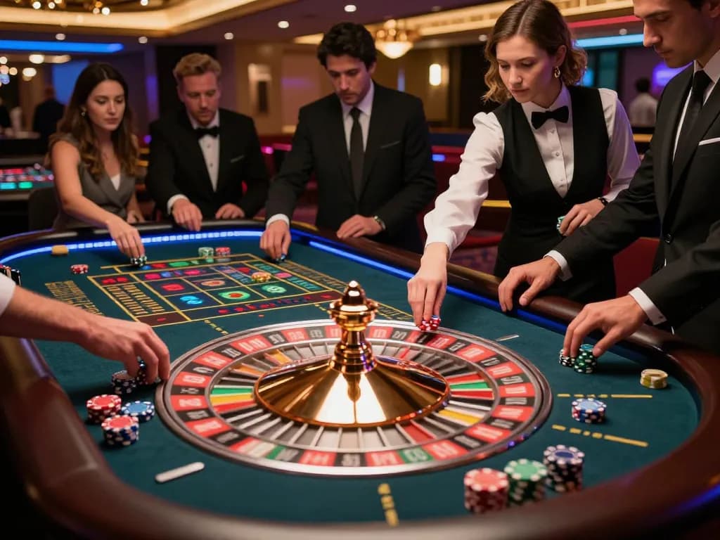 LC88 roulette table with players placing bets and a spinning wheel, capturing casino excitement