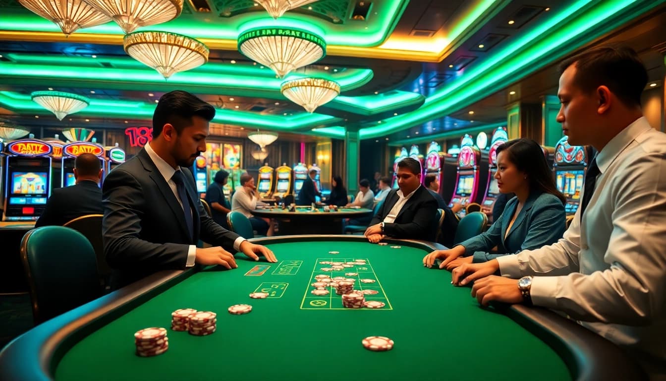 Experience thrill and excitement at 88vv's luxurious casino tables filled with vibrant poker chips.