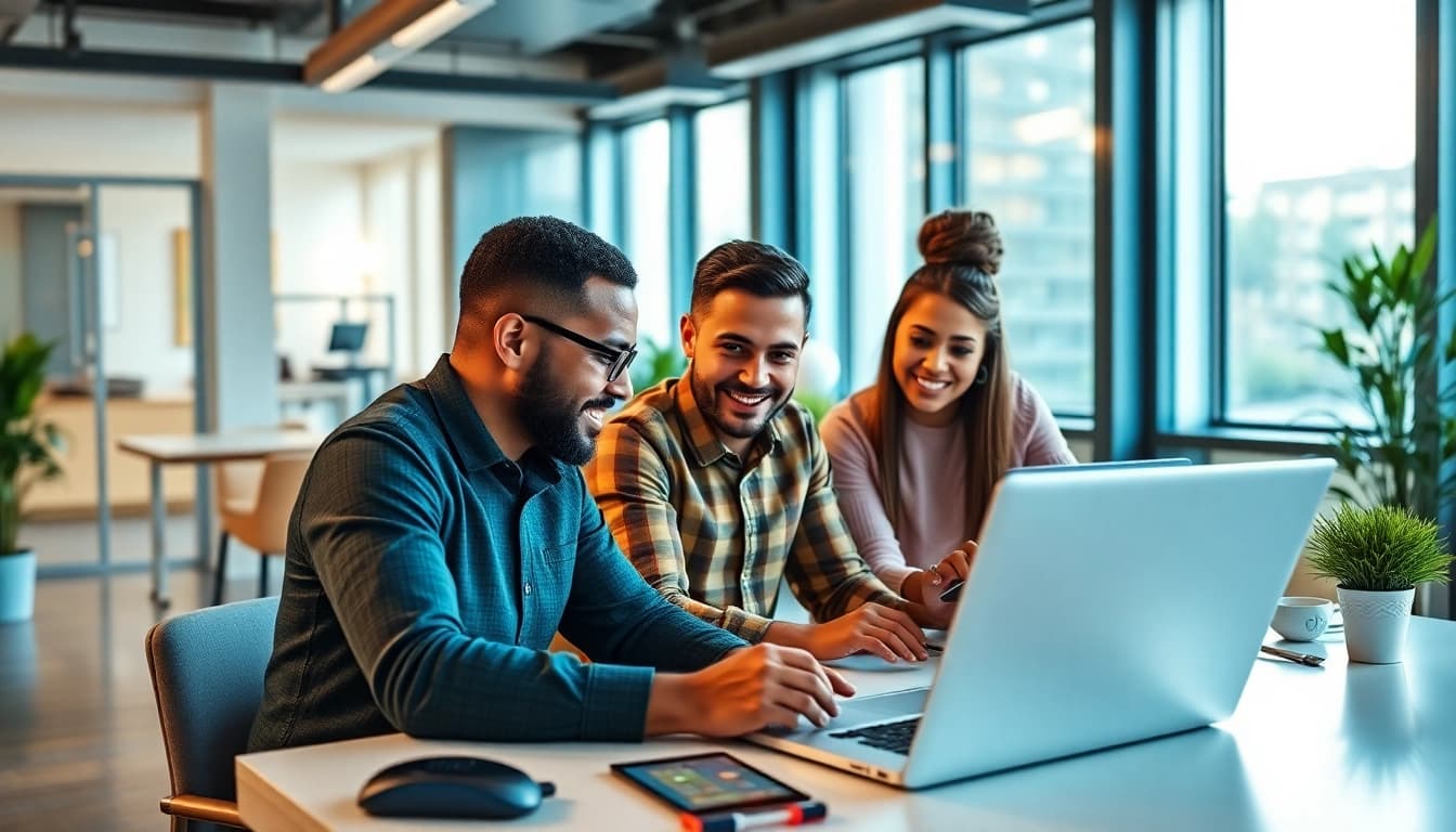 Designing HubSpot marketing email using teamwork in a bright, modern office.