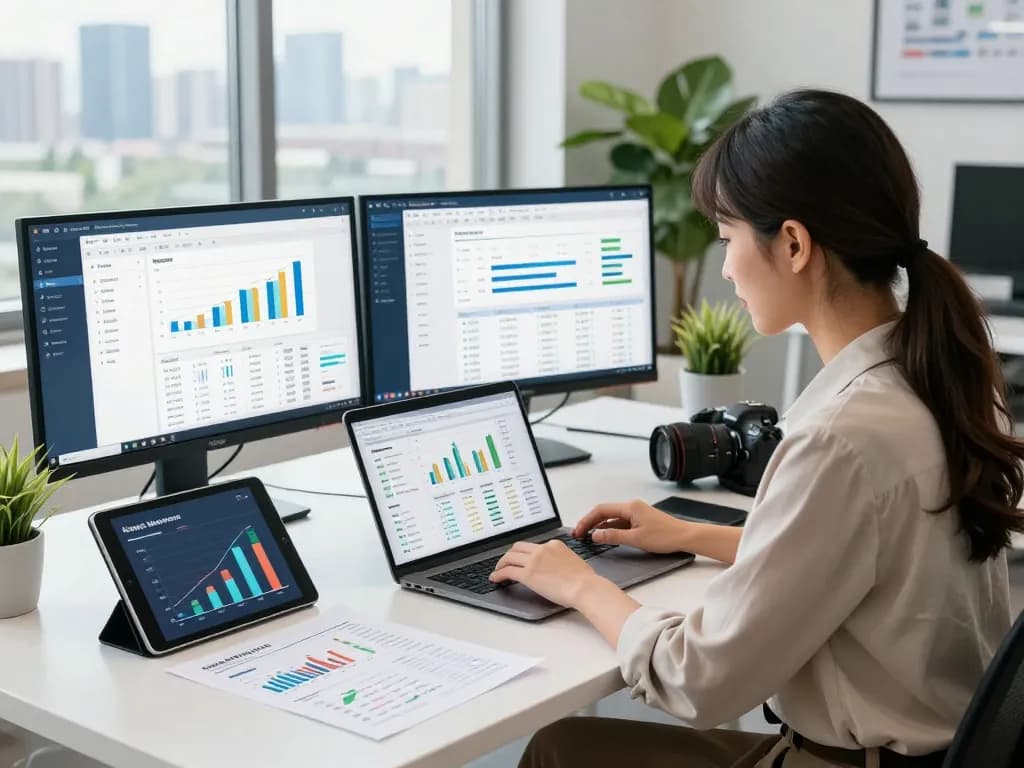 Professionnel de la gestion immobilière utilisant un logiciel immobilier maroc pour l'analyse de données dans un espace de travail moderne.