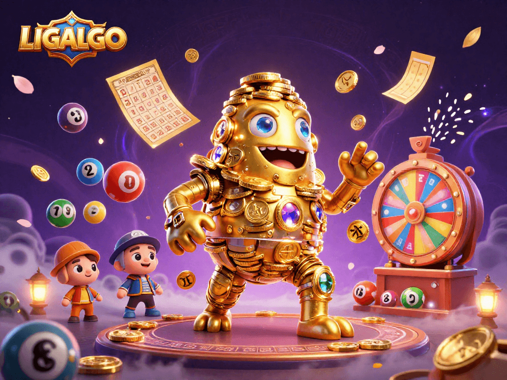 LIGALGO showcases a dynamic scene featuring a golden golem amidst vibrant lottery and casino elements.