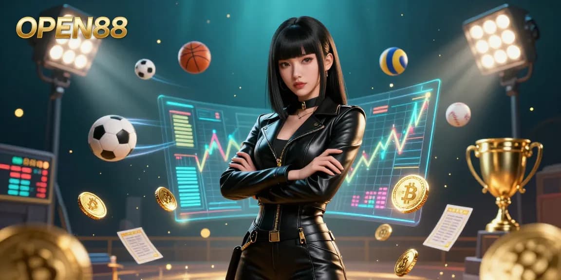 Experience winning strategies at OPEN88, featuring vibrant elements in a dynamic gambling illustration.