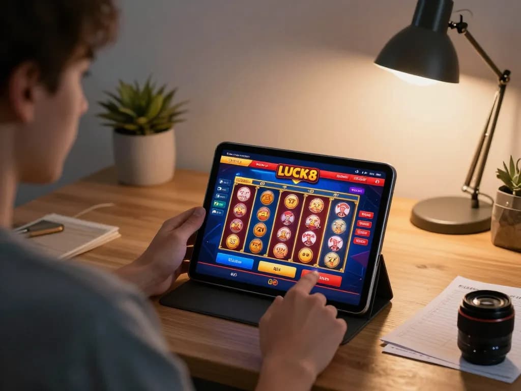 Engaging LUCK8 online gambling moment with a player strategizing on a tablet.