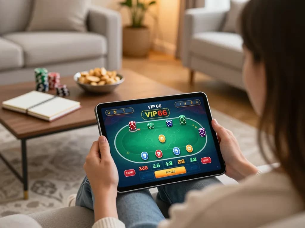 Engaged player enjoying a poker game on vip66's mobile app from their cozy living room.