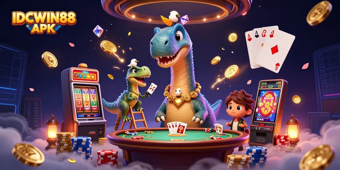 Play thrilling games with IDCWIN88 APK, featuring exciting cartoon characters in a rich casino scene.