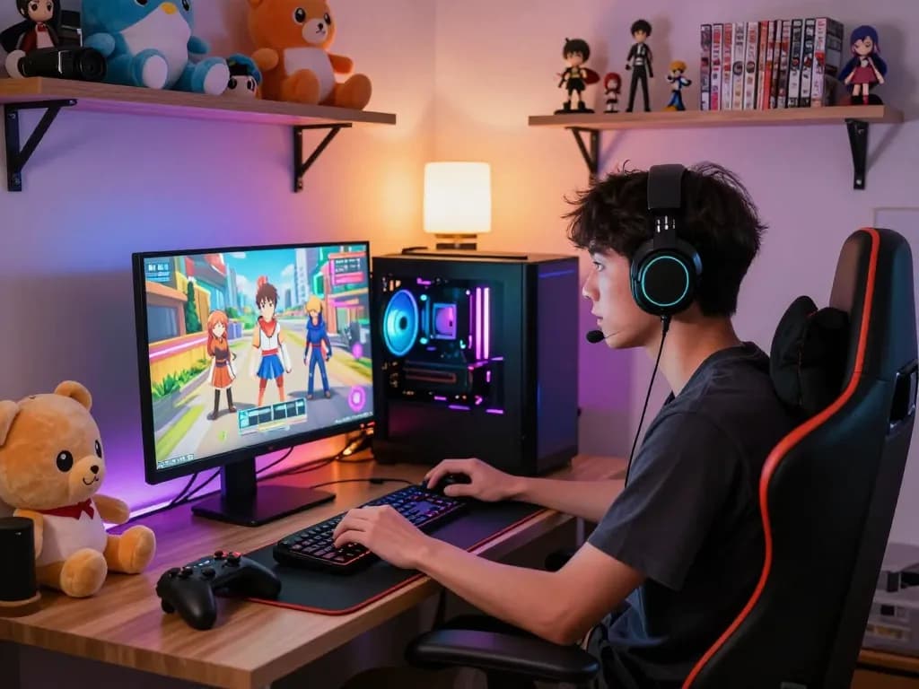 Engaged gamer playing a vibrant hentai game in a cozy bedroom setup with anime decor.