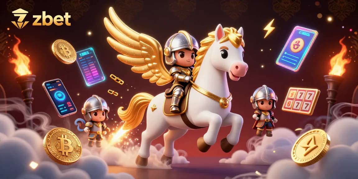 Engage in thrilling gameplay at zbet as a knight rides a magical horse amidst crypto and casino elements.