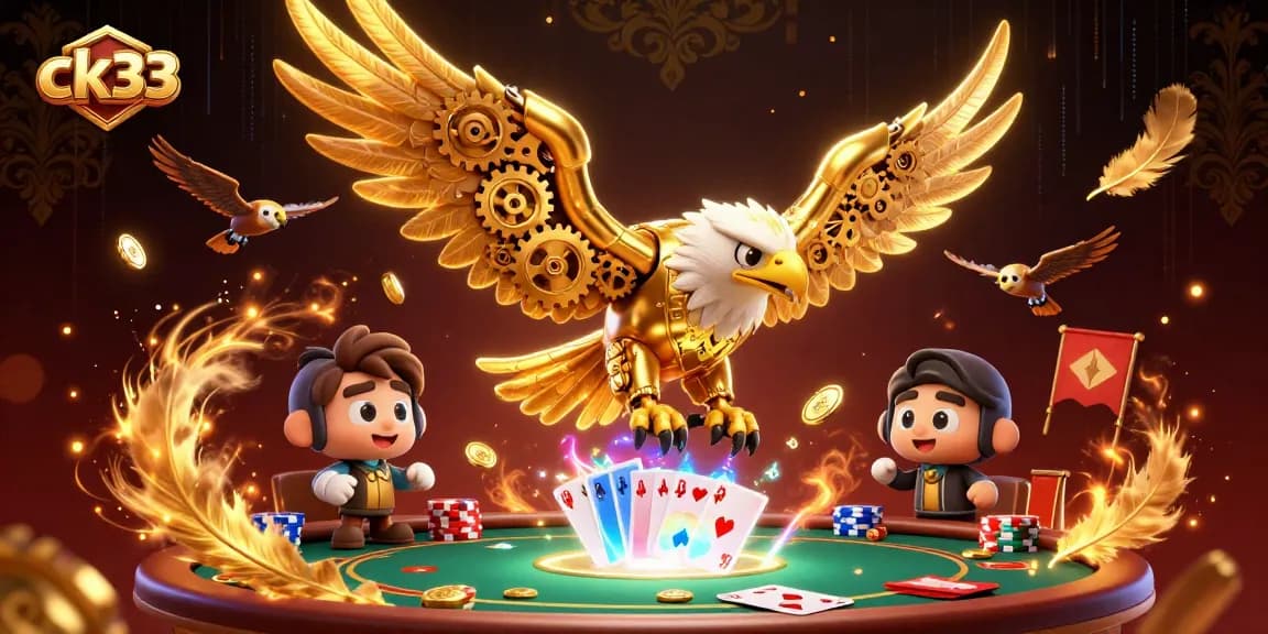 Experience ck33's high-stakes poker action with a cybernetic eagle amidst vivid cards and glowing tokens.