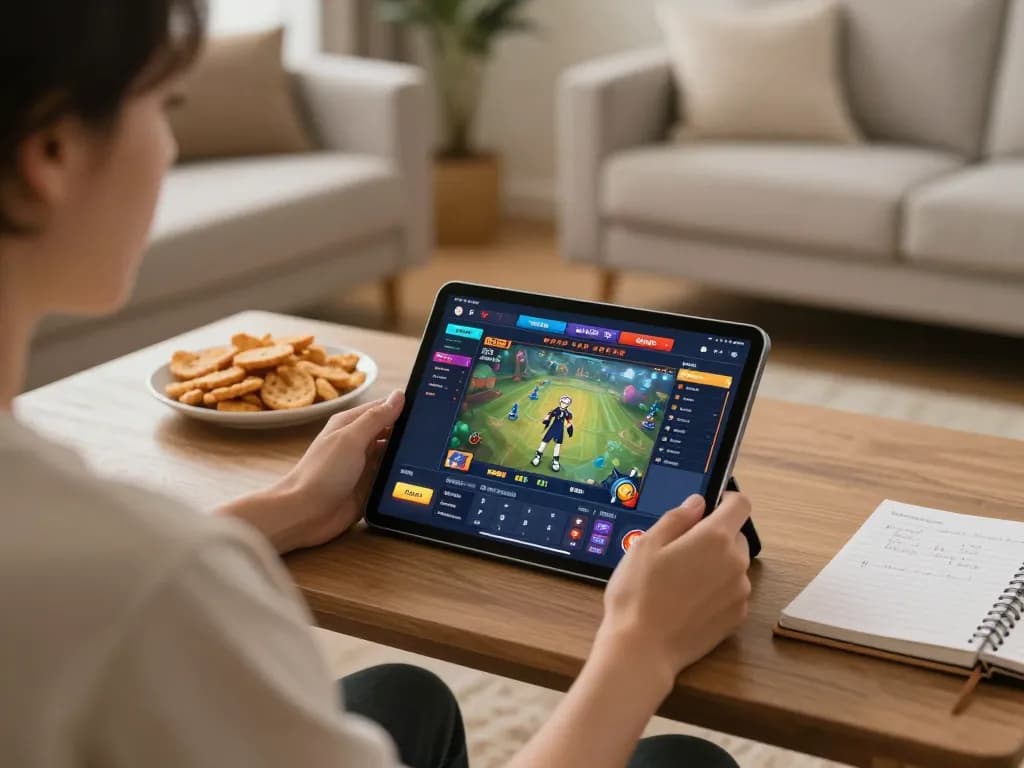 Player enjoying online games on ww88 tablet in a cozy home environment with a notebook for strategies.