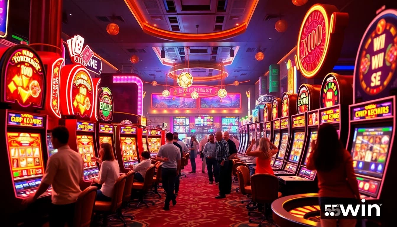 Exciting casino scene showcasing 555win with vibrant slot machines and joyful players.