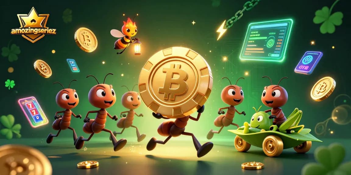 Amazingseriez features a heist by cartoon ants with giant poker chip, surrounded by neon coins.