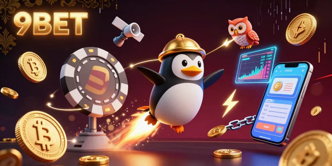 Bet on 9BET with immersive 3D visuals of the golden penguin, casino-themed elements.