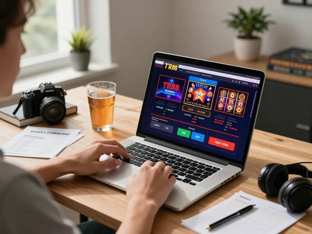 Player enjoying online casino games on TR88 platform, showcasing interactive gaming setup