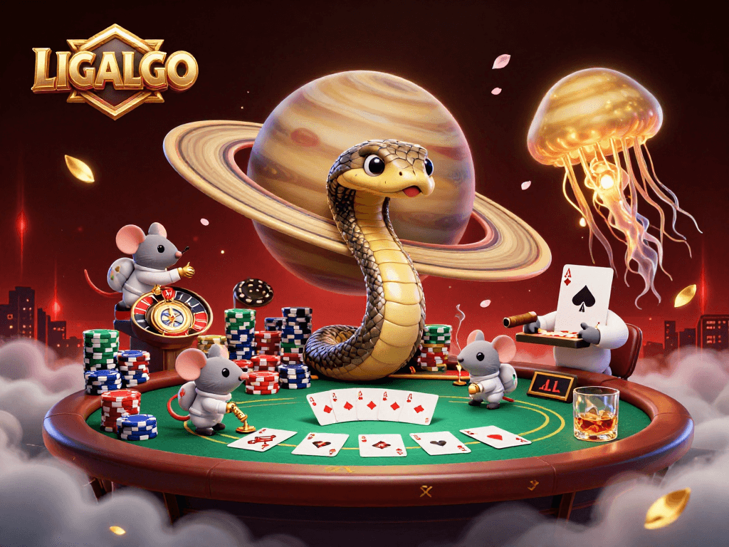 LIGALGO showcases a lively cosmic casino where players bet on the roulette wheel while enjoying an immersive gaming experience.