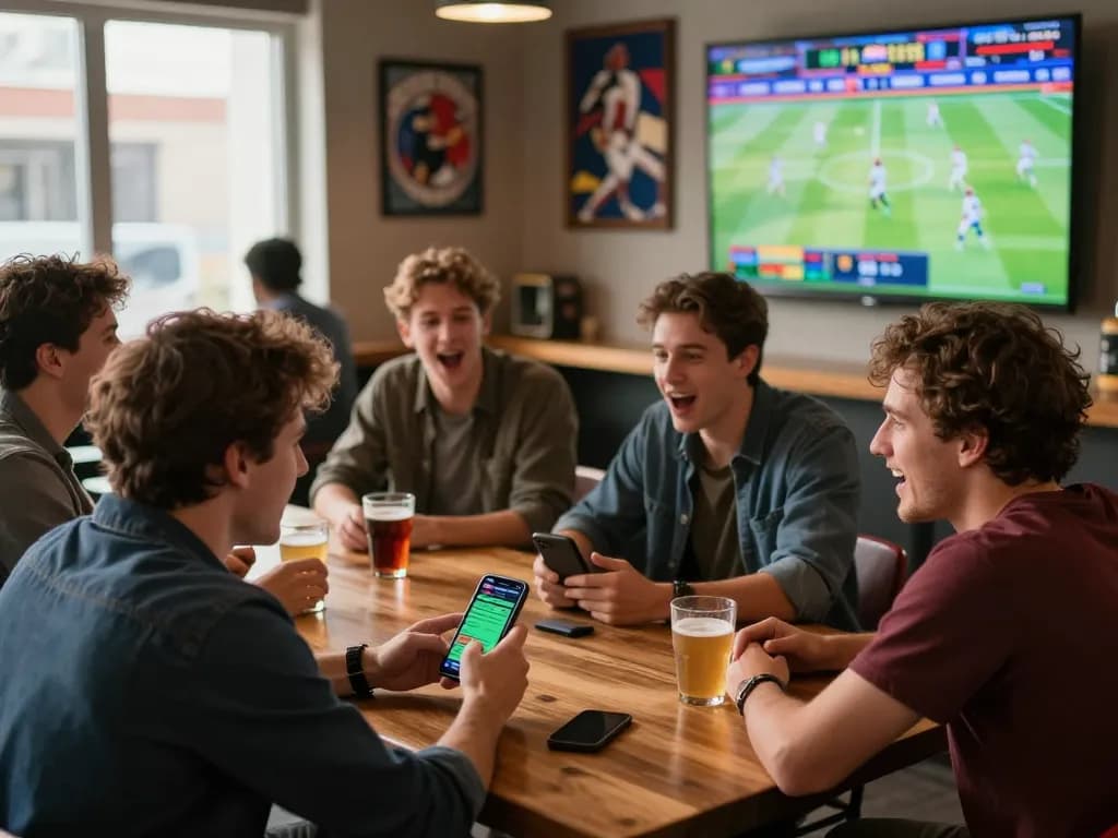 Engaged friends in a lively sports betting scene using qq88 app on smartphone to check live game odds.