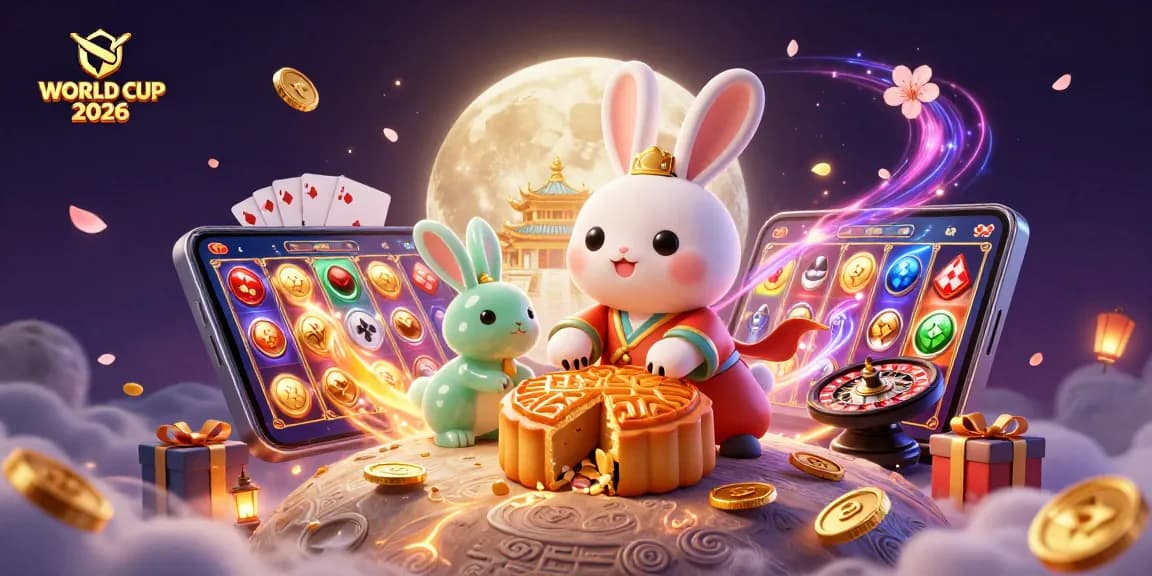 Engaging 3D cartoon scene featuring the WORLD CUP 2026 themed casino with moon rabbits, poker chips, and slot games.