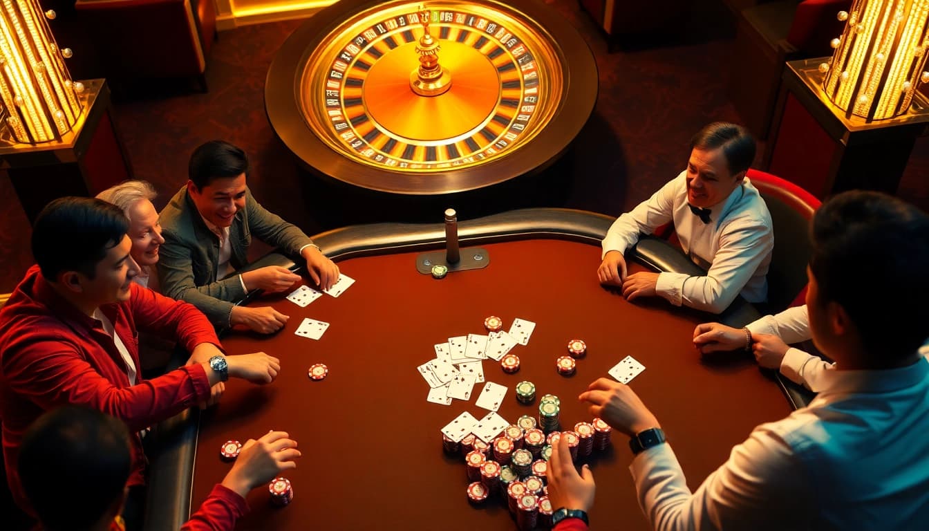 Cakhiatv themed scene showcasing players at a high-stakes poker table in a luxury casino environment.