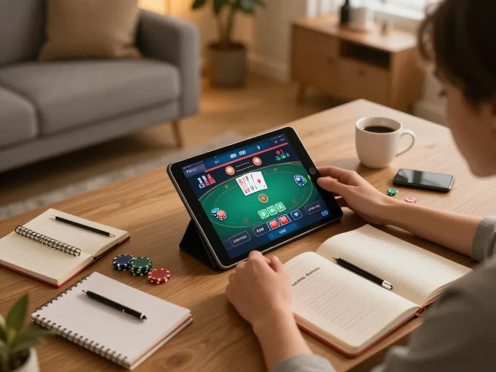 Player engaging with go8s casino app during a relaxing home gaming session, focusing on poker strategy.
