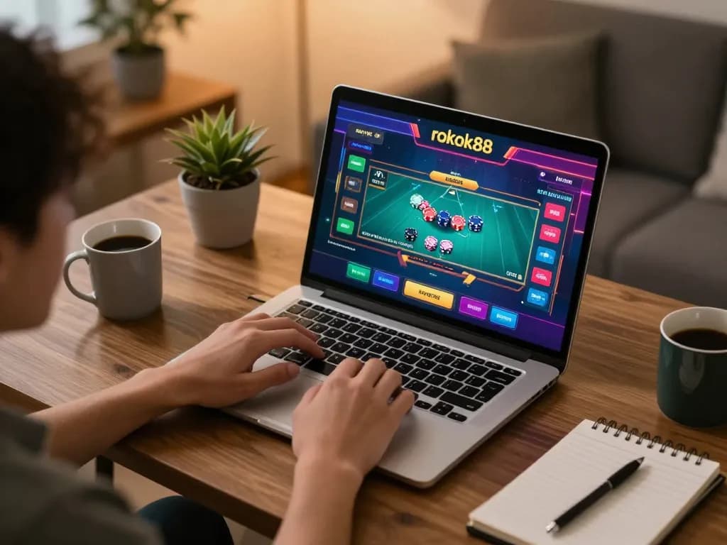 Engaging user playing on rokok88 online casino platform for strategic gambling.