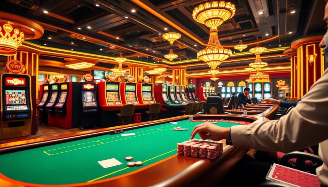 Gambling enthusiasts enjoying a thrilling game at 789f casino with vibrant slot machines.