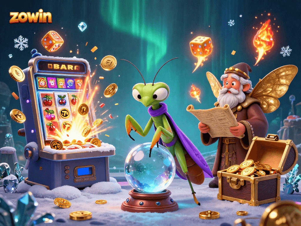 Experience the magic at Zowin with vibrant casino gaming symbols and enchanting characters!