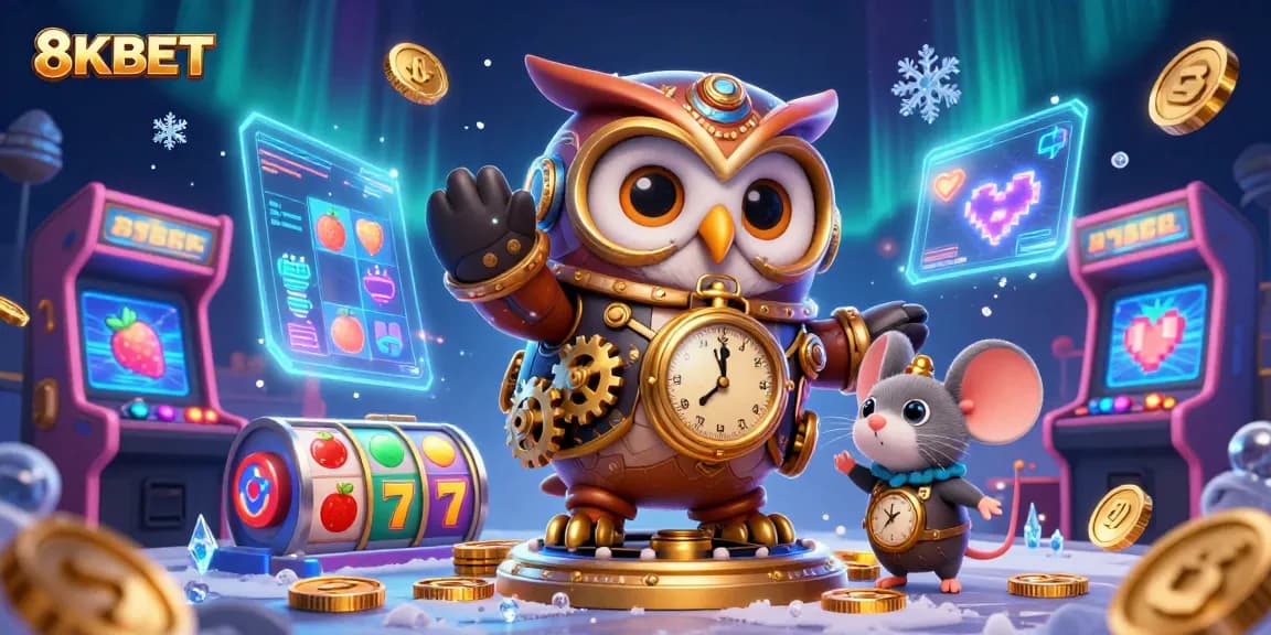 Win big with 8KBET in a vibrant casino adventure featuring a time-traveling owl!