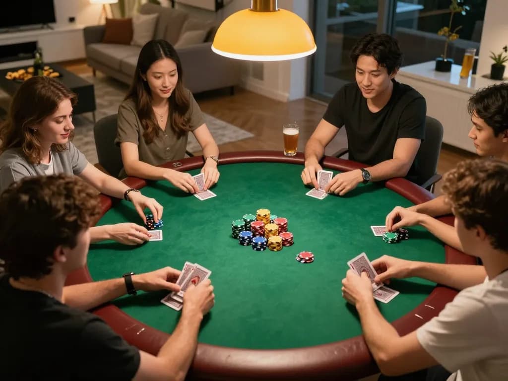Players enjoying a vibrant poker game at home, showcasing a friendly atmosphere with bl555 strategy.