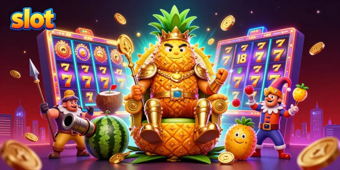 Engage in exciting slot gameplay with a colorful scene highlighting the vibrant characters of a pineapple king and jester.