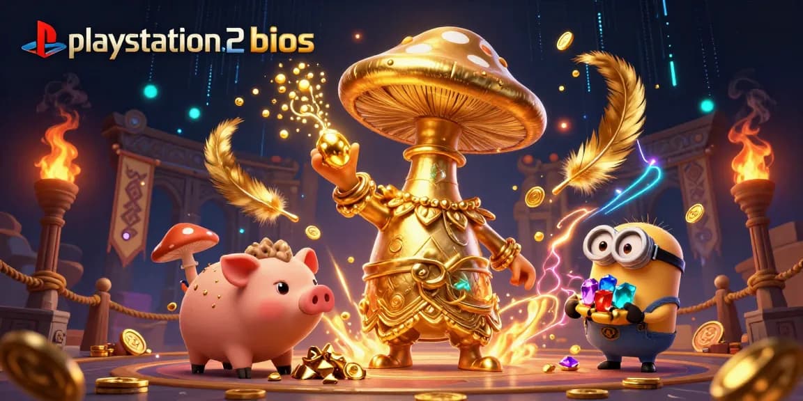 Engaging playstation2bios casino scene with golden mushroom wizard and treasure elements bursting with excitement.