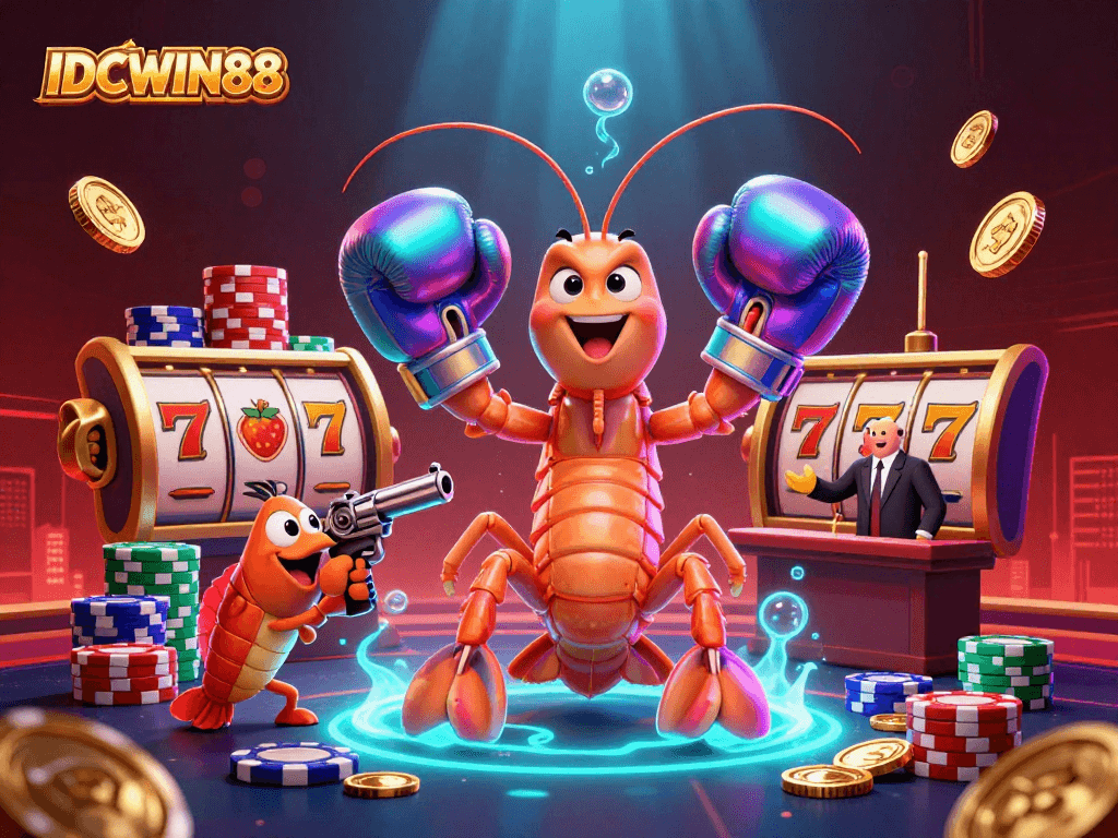 Experience thrilling gameplay with IDCWIN88 in a vibrant casino scene featuring exciting slot reels and characters.