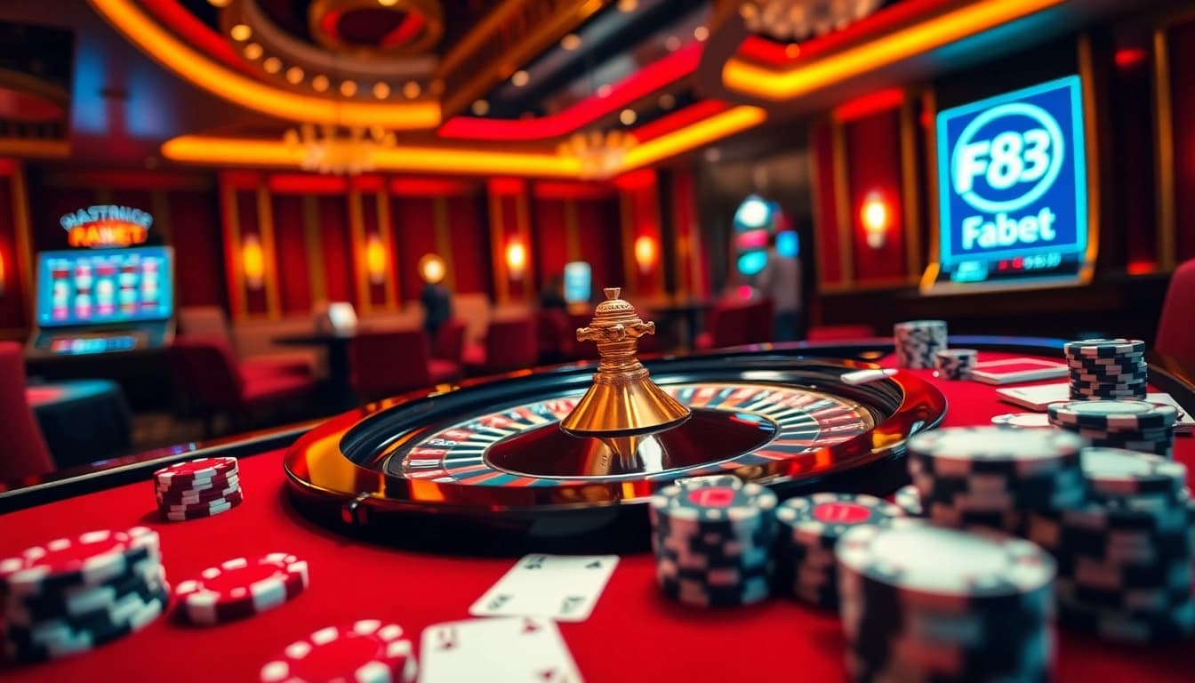 Experience the excitement of F8Bet with an elegant casino scene showing a roulette table and poker chips.