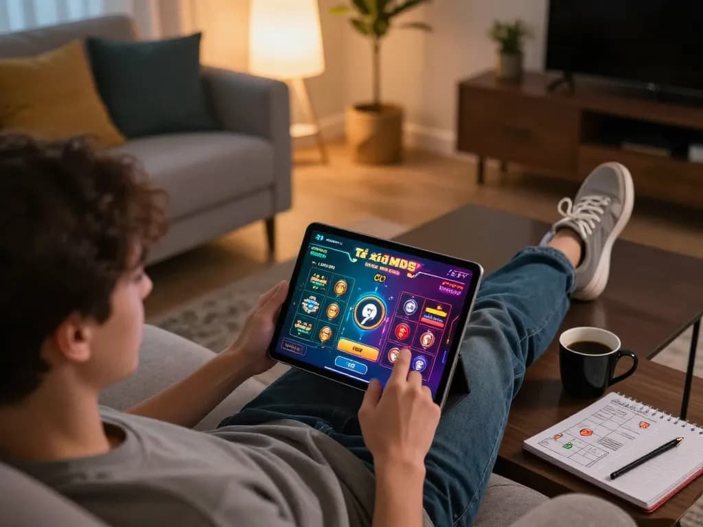 Engaging online game of tài xỉu md5 on a tablet in a cozy living room setting.