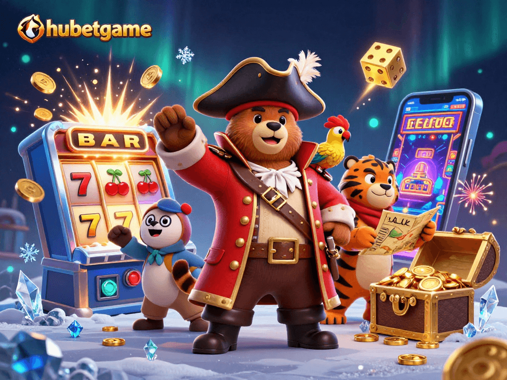 Experience the thrill of hubetgame with this vibrant scene of 3D characters amidst dynamic casino elements.