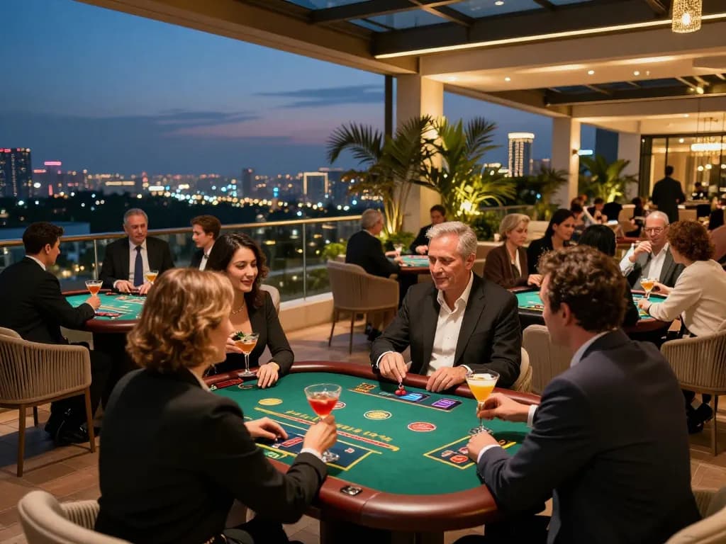 Guests at a modern casino terrace discussing 79king gaming strategies and enjoying cocktails at night.