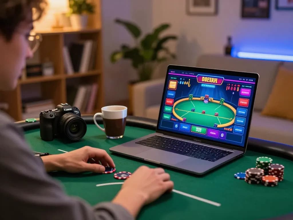 Engaging in online poker through HBET platform, showcasing strategic gameplay in a cozy setting.