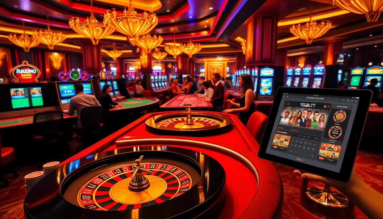 Thrilling casino scene showcasing tg88 with poker chips and illuminated slot machines.