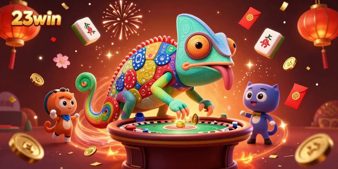 Win big at 23win with a vibrant casino scene featuring our chameleon owner grabbing golden coins.