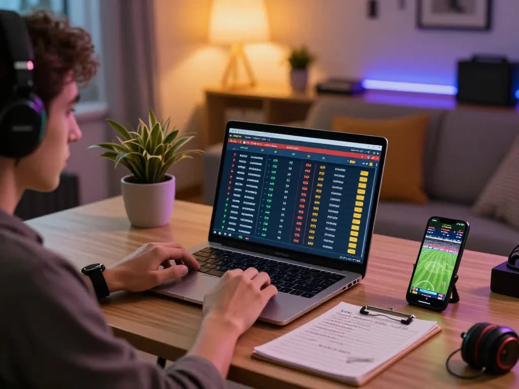 GG88 player analyzing bets during online sports gaming in a cozy home setting