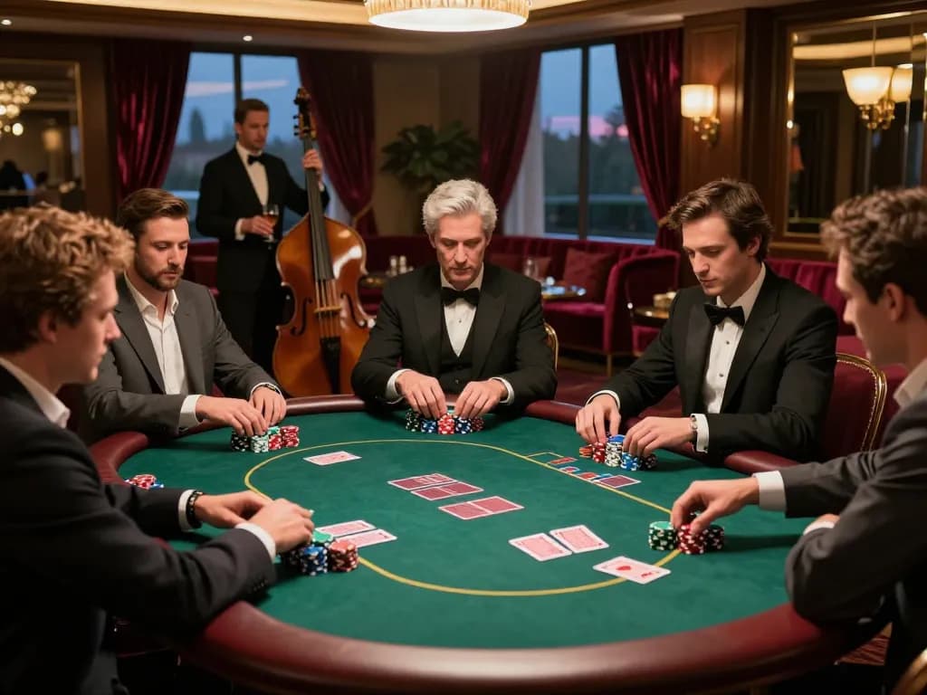 Duitgini poker players engaged in a high-stakes game amidst a luxurious casino lounge atmosphere.