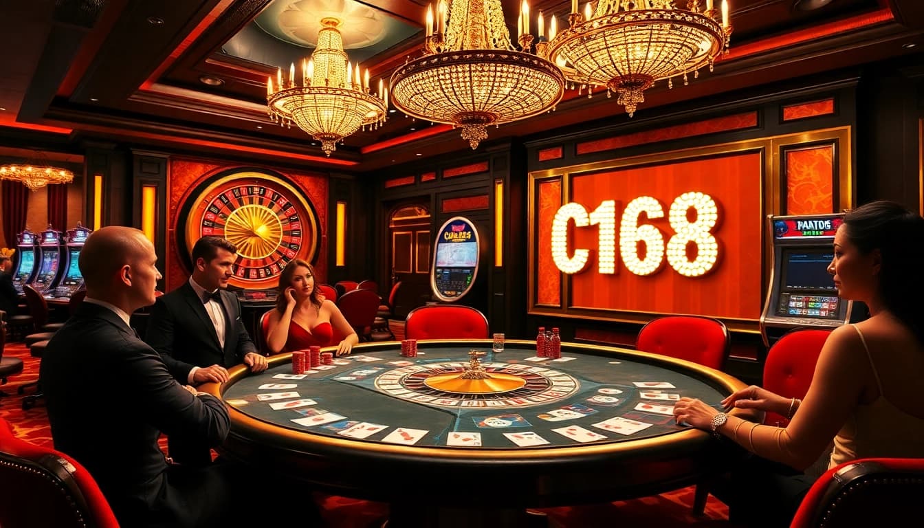 Players engage at a vibrant C168 poker table in a luxurious casino setting.